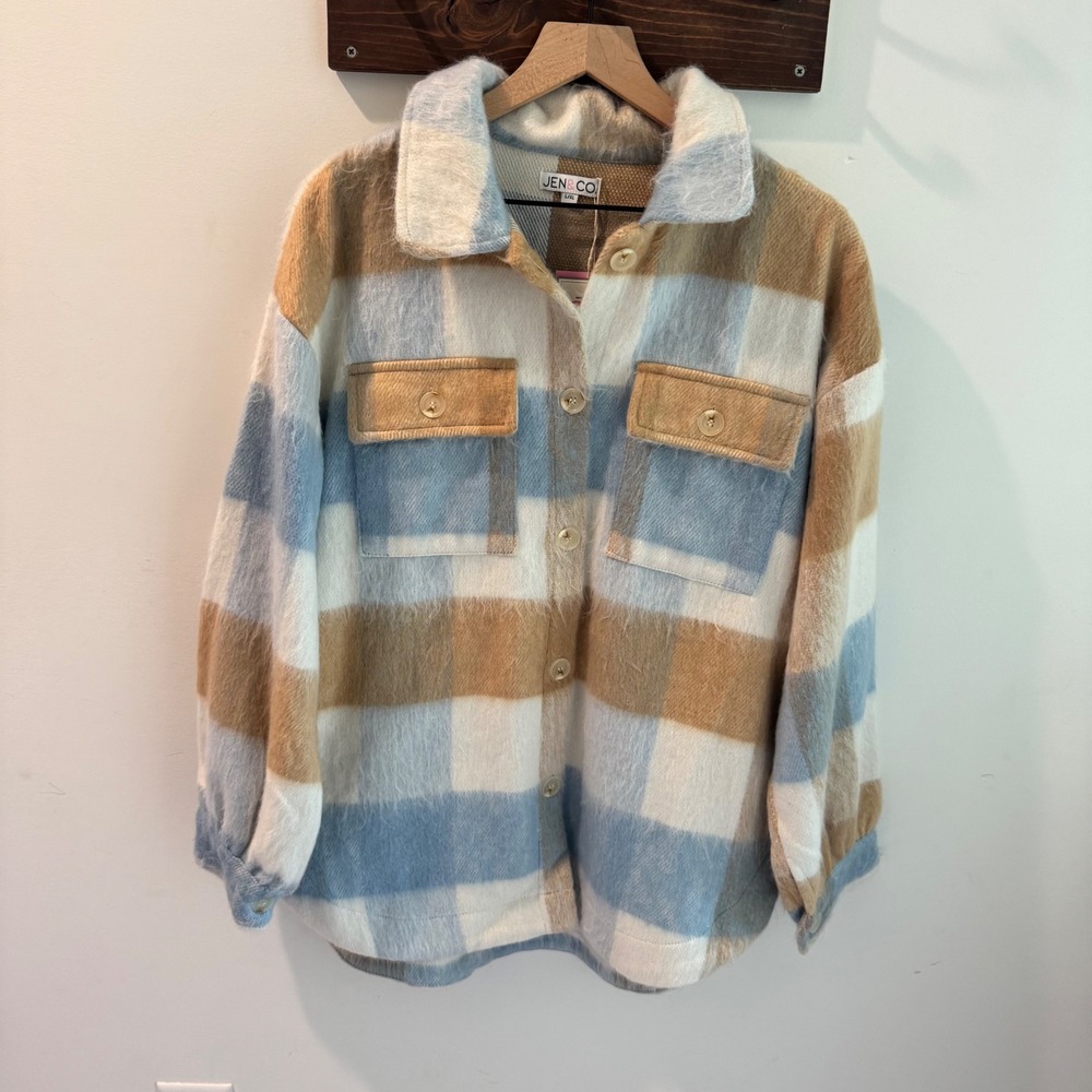 Jen & Co Plaid Shacket Blue Tan Vegan Fuzzy Button Front Shirt Jacket NWT
